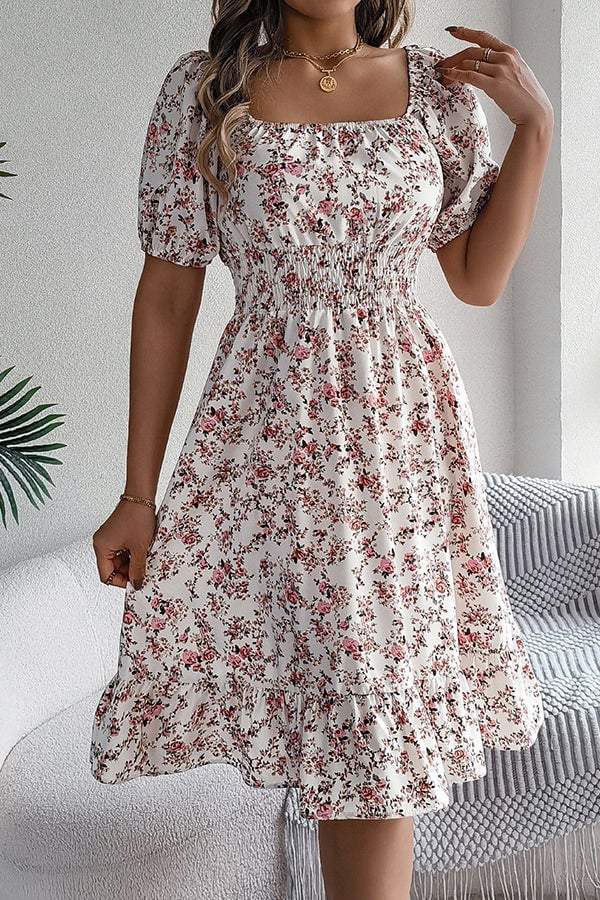 Fashion Smocked Waist Floral Print Casual Dress