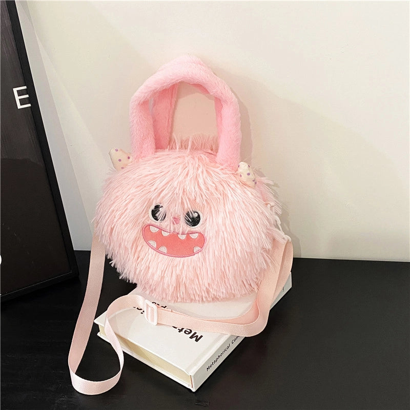 Women's Plush Solid Color Cute Bucket Zipper Handbag