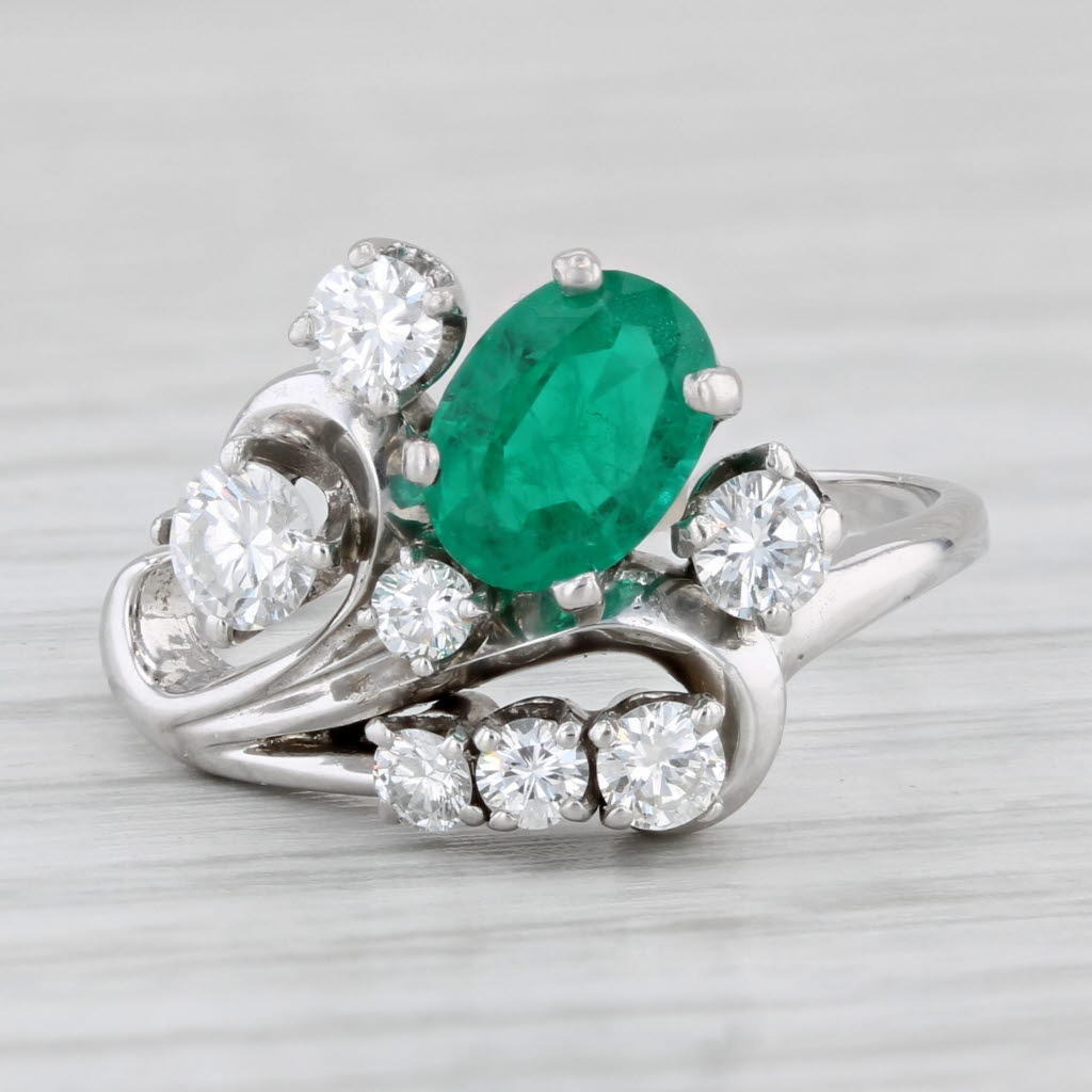 Vintage 1.17ctw Lab Created Emerald Diamond Ring 14k White Gold Size 6.5