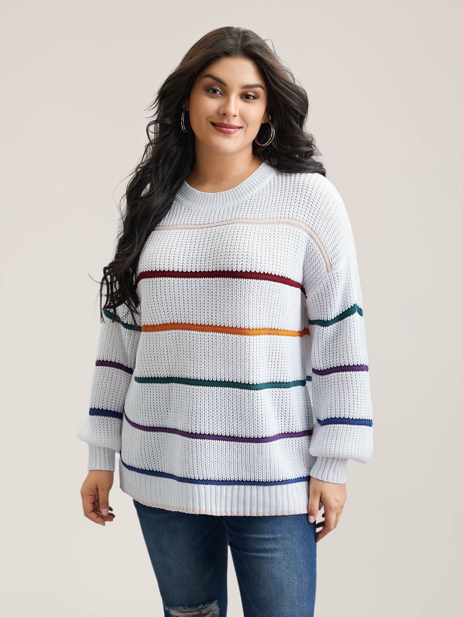 Multi-Color Textured Balloon Sleeve Pullover