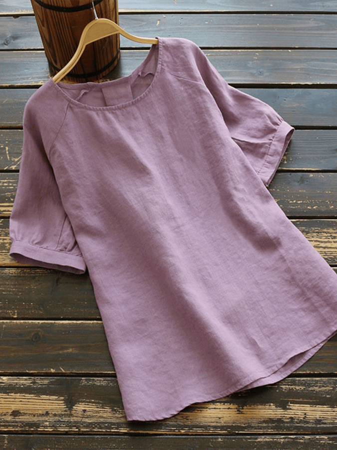 Women's Solid Color Patchwork Round Neck Cotton Linen T-shirt