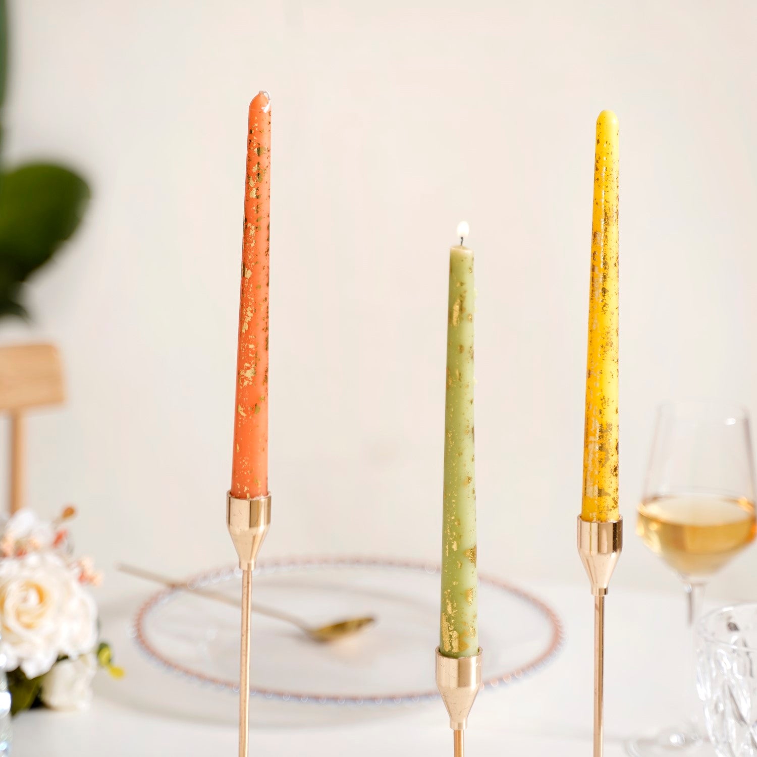 Set Of 6 Taper Candles With Gold Detailing Assorted Colours
