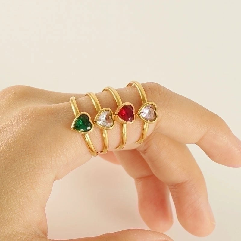 Casual Cute Square Heart Shape Flower 304 Stainless Steel Zircon 18K Gold Plated Plating Inlay Stainless Steel Rings