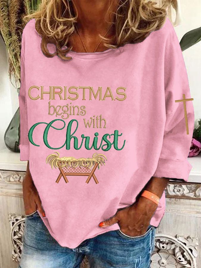 Women's Christmas Begins With Christ  Cross Print T-Shirt