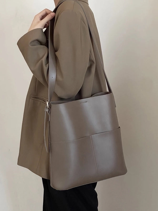 Women's Large Pu Leather Solid Color Basic Open Tote Bag