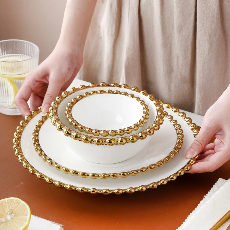 Light Luxury Style Phnom Penh Pearl Point Ceramic Bowl Plate Tableware Household Western Food Plate Steak Plate Fruit Salad Bowl Dessert Bowl
