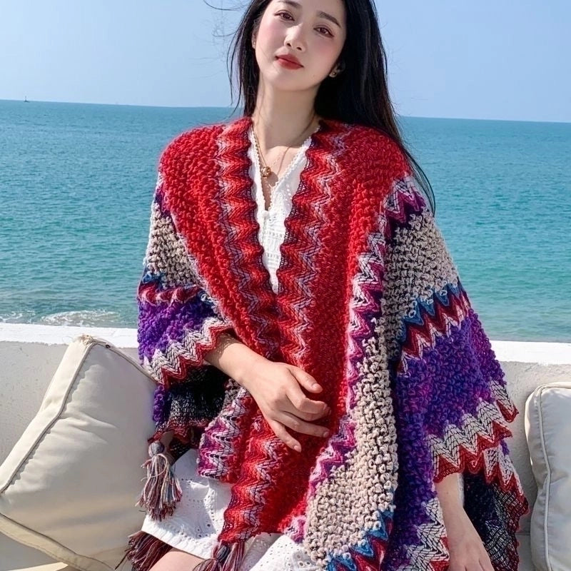 Travel Outside Knitted Shawl Ethnic Style Vintage Cape Cloak Tassel Scarf For Vacation Wear