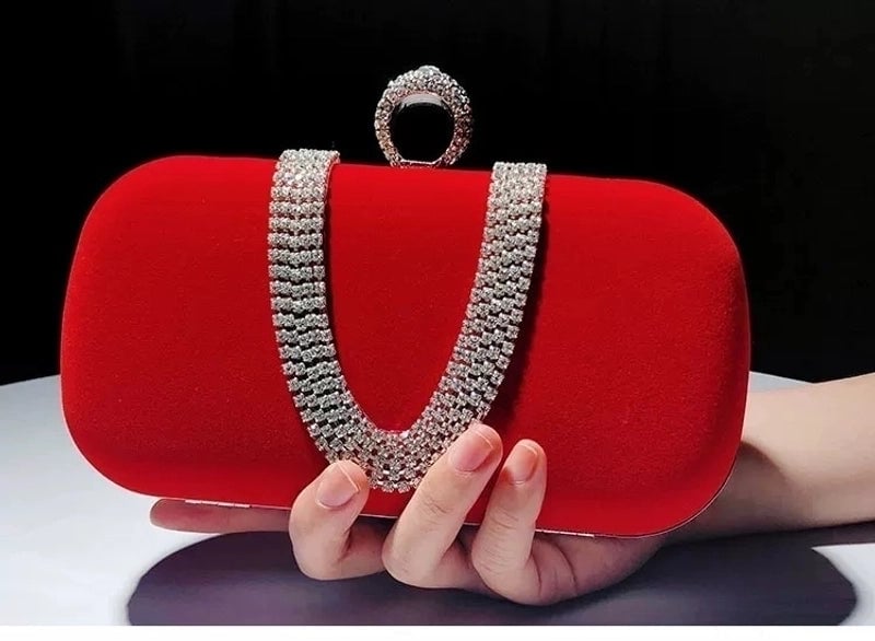 Red Khaki Dark Blue Velvet Solid Color Rhinestone Pillow Shape Clutch Evening Bag