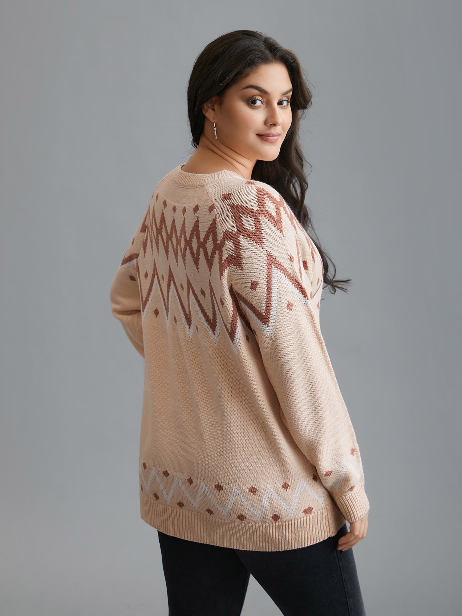 Jacquard Print Button Round Neck Pullover