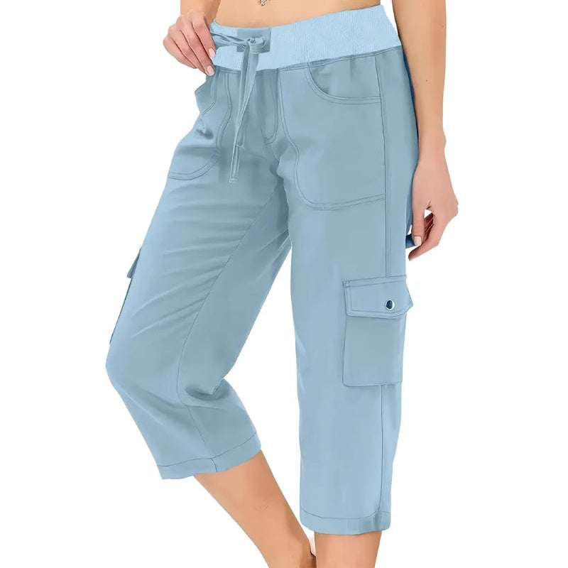 🌿Women's Solid Color High-Waist Drawstring 3/4-Length Cargo Pants