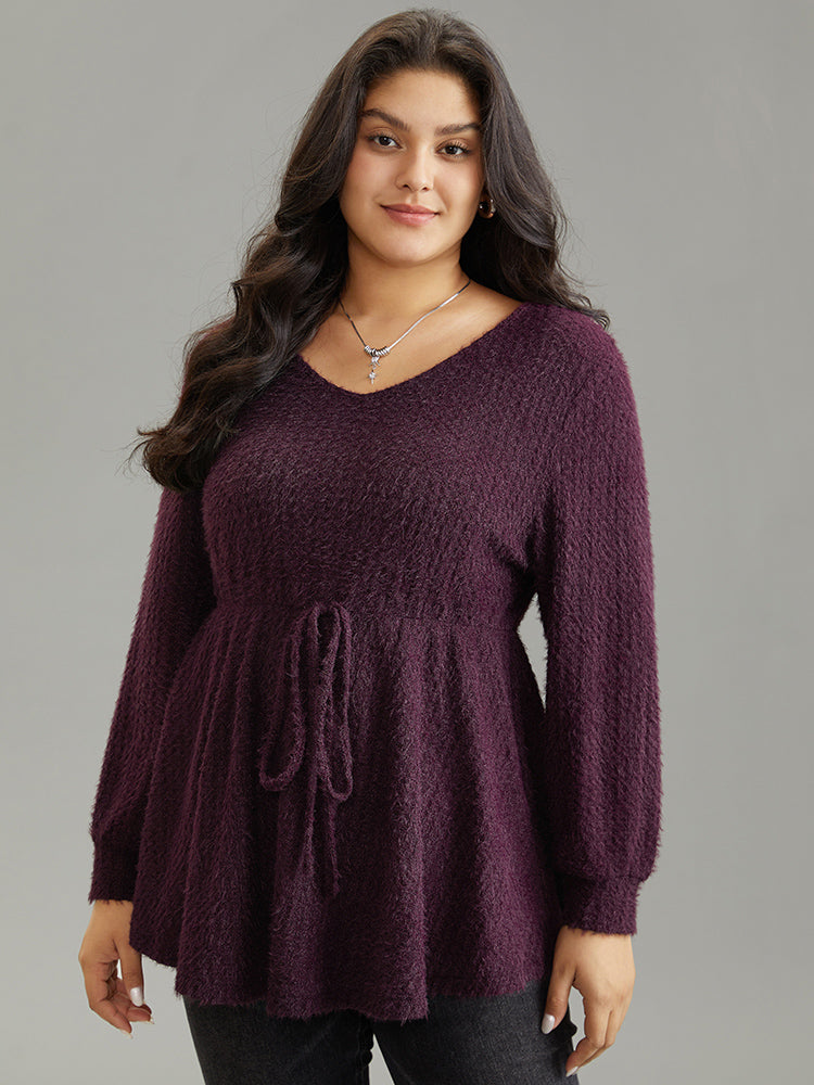 Solid Texture Fluffy Knot Ruffle Hem T-shirt
