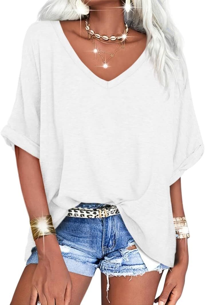 🔥PROMOTION LAST DAY🔥Women's Summer Tops Oversized Tshirts Half Sleeve Loose Fit V Neck Casual Blouse Tee