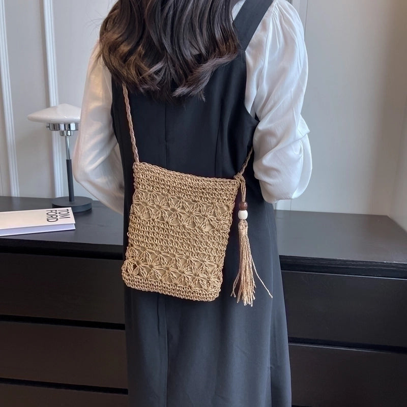 Women's Straw Solid Color Vacation Weave Square Zipper Shoulder Bag Beach Bag