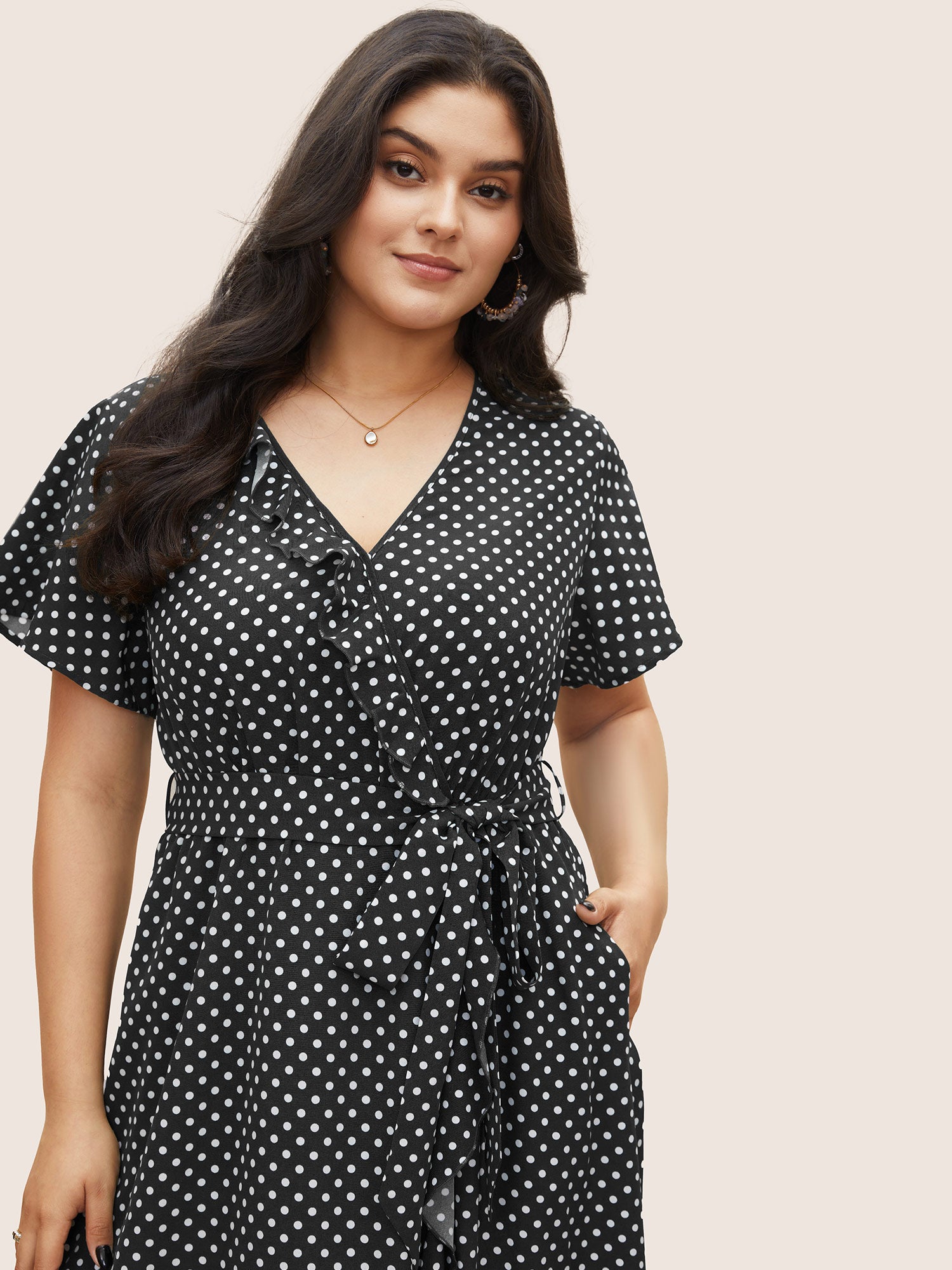 Polka Dot Flutter Trim Belted Overlap Collar Dress