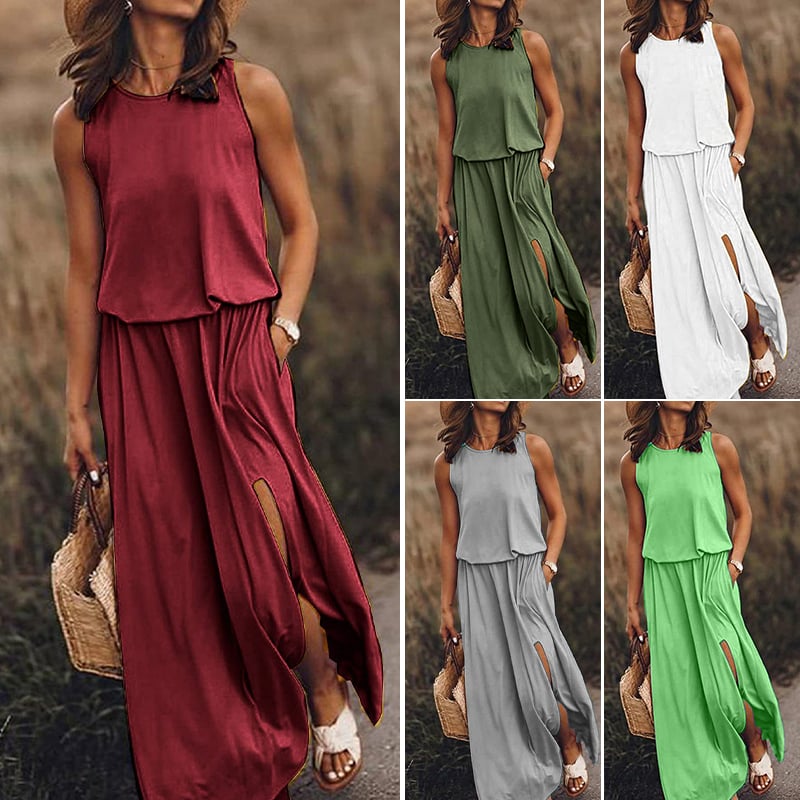 🔥Summer Hot Sales - 49% OFF👗Women Sleeveless Solid Round Neck Summer Maxi Dress