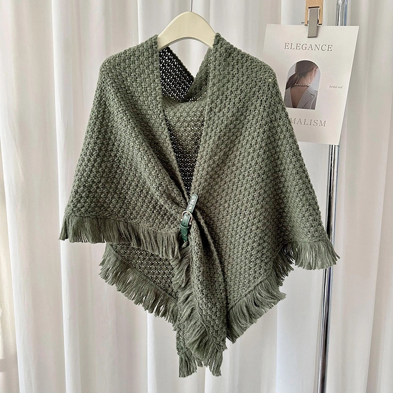 Autumn And Winter New Tassel Cape Shawl Versatile Thick Warm Neck Protection Solid Color Knotted Scarf Outer Waistcoat