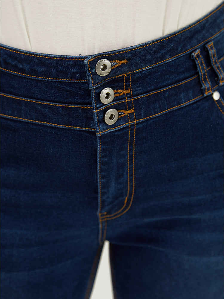 Very Stretchy High Rise Dark Wash Layered Contrast Stitch Jeans