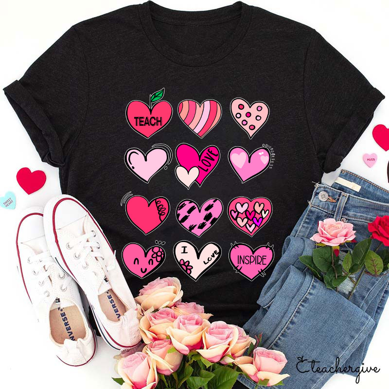 Cartoon Hearts Teach Love Inspire Teacher T-Shirt