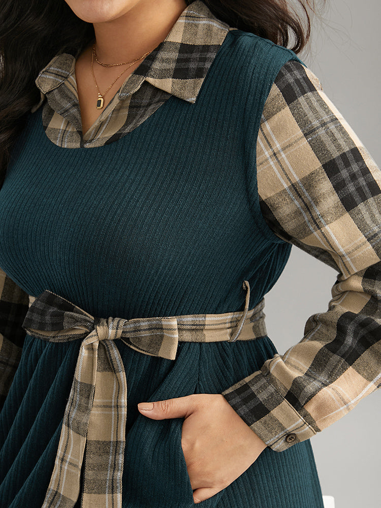 Plaid Patchwork Rib Knit Shirt Collar Belted Dress