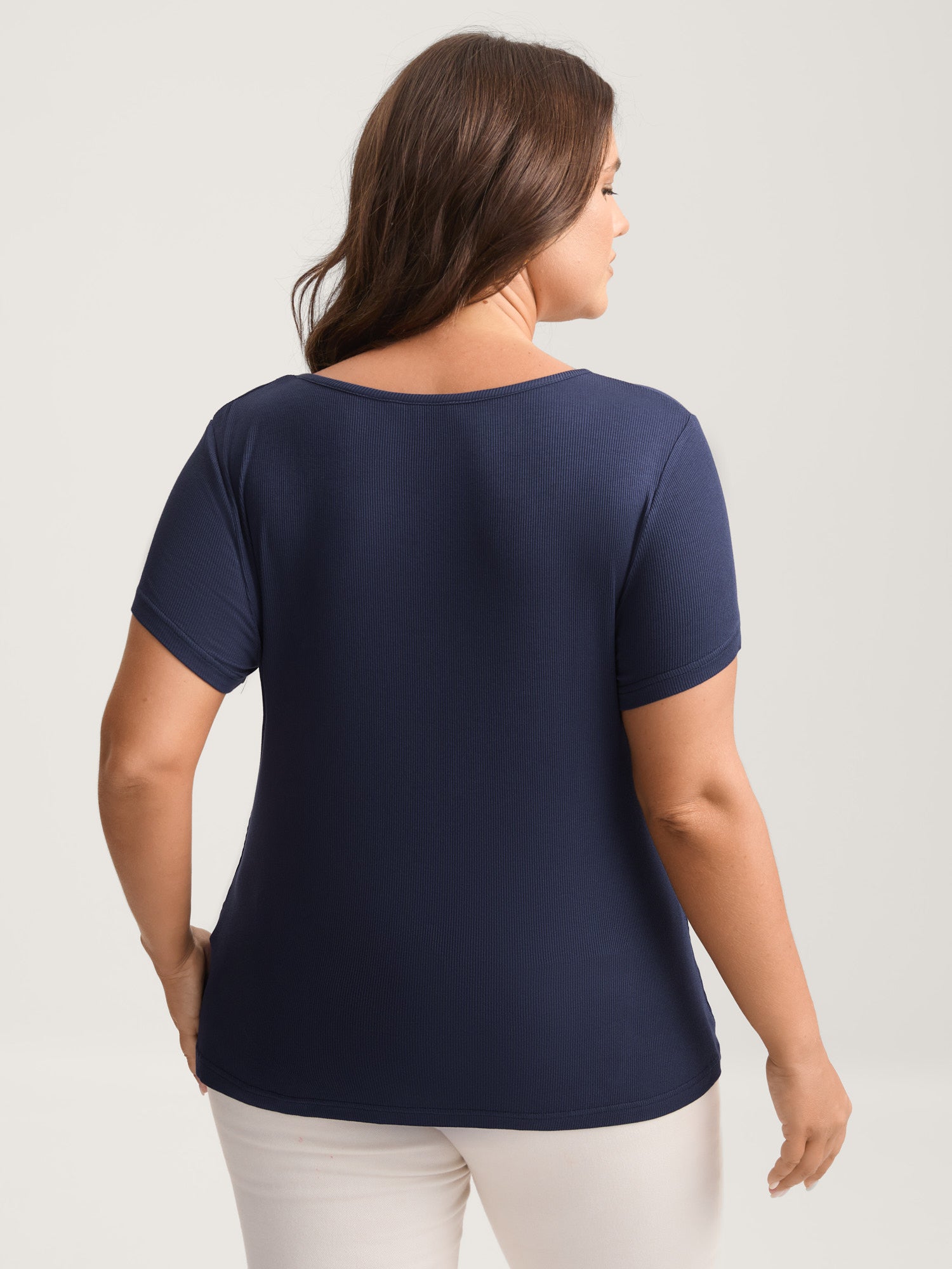 Pleated Neckline Slim-Fit Plain T-Shirt
