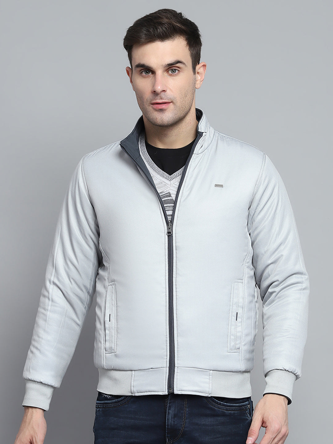 Men Grey Solid Mock Neck Full Sleeve Jacket