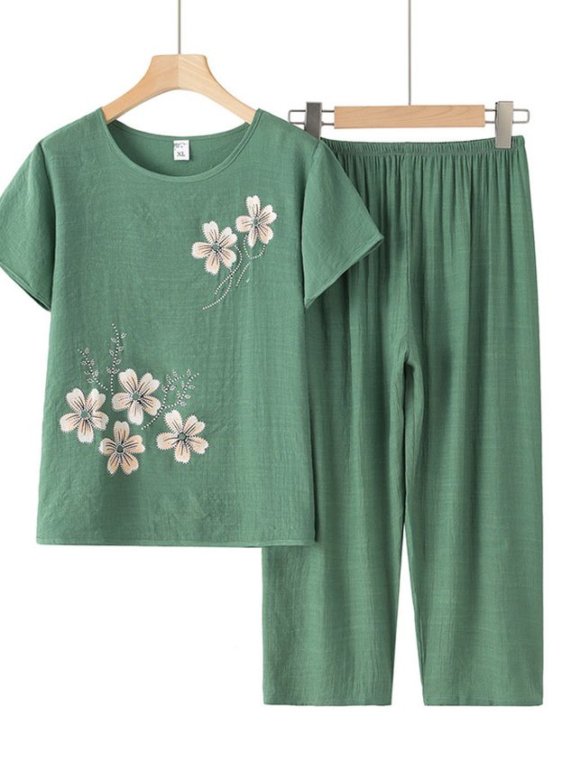 Casual Loose Floral Crew Neck Two-Piece Set