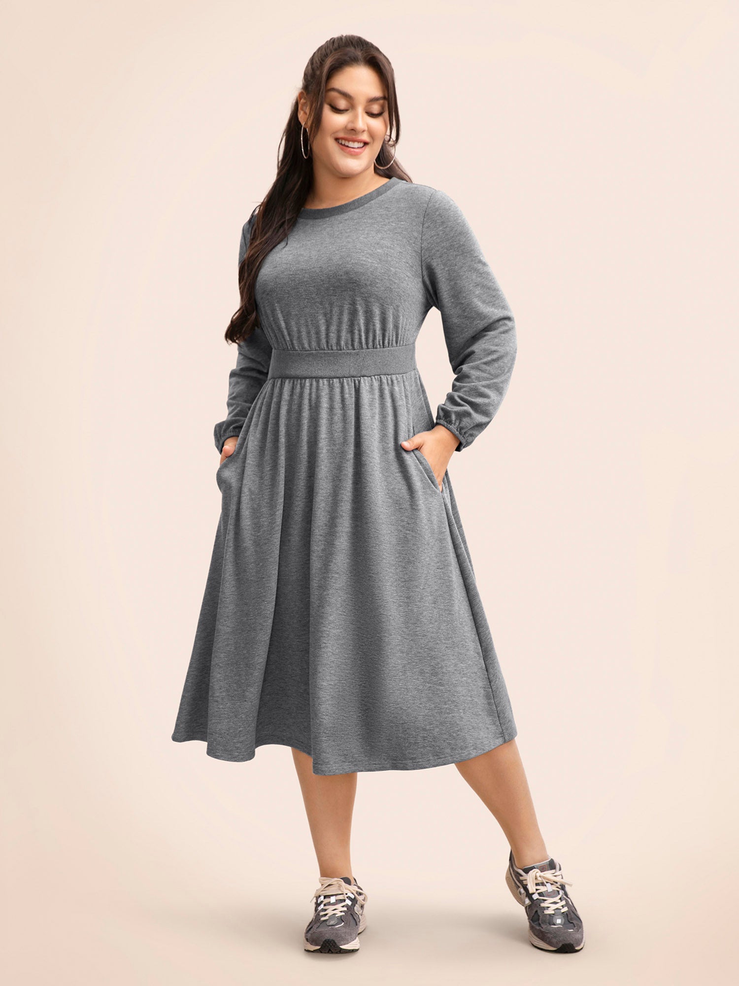 Crew Neck Elastic Waist Midi Dress