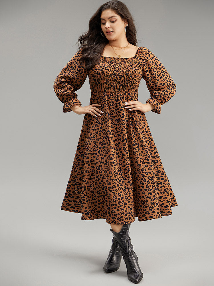 Leopard Print Shirred Square Neck Pocket Dress