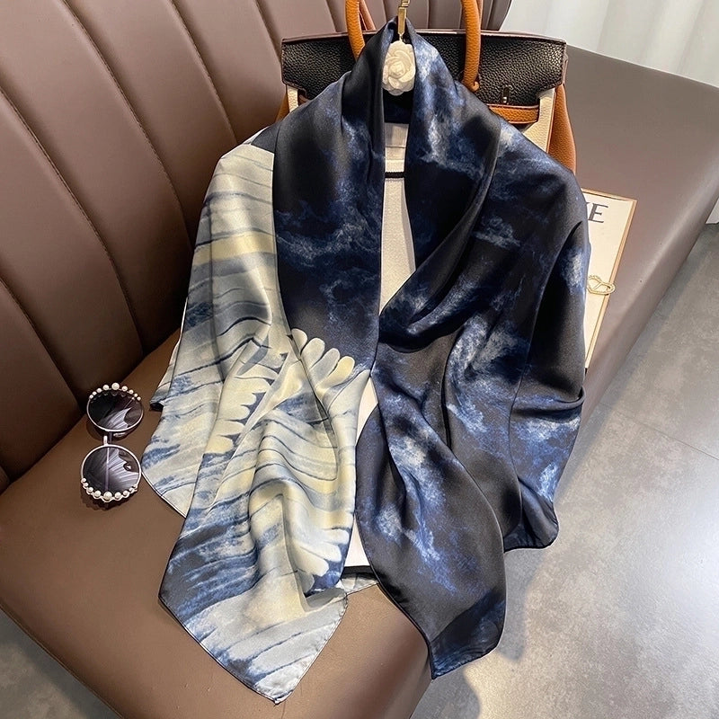 Classic Blue Orange Big Flower Simulation Silk Scarf Large Square Shawl