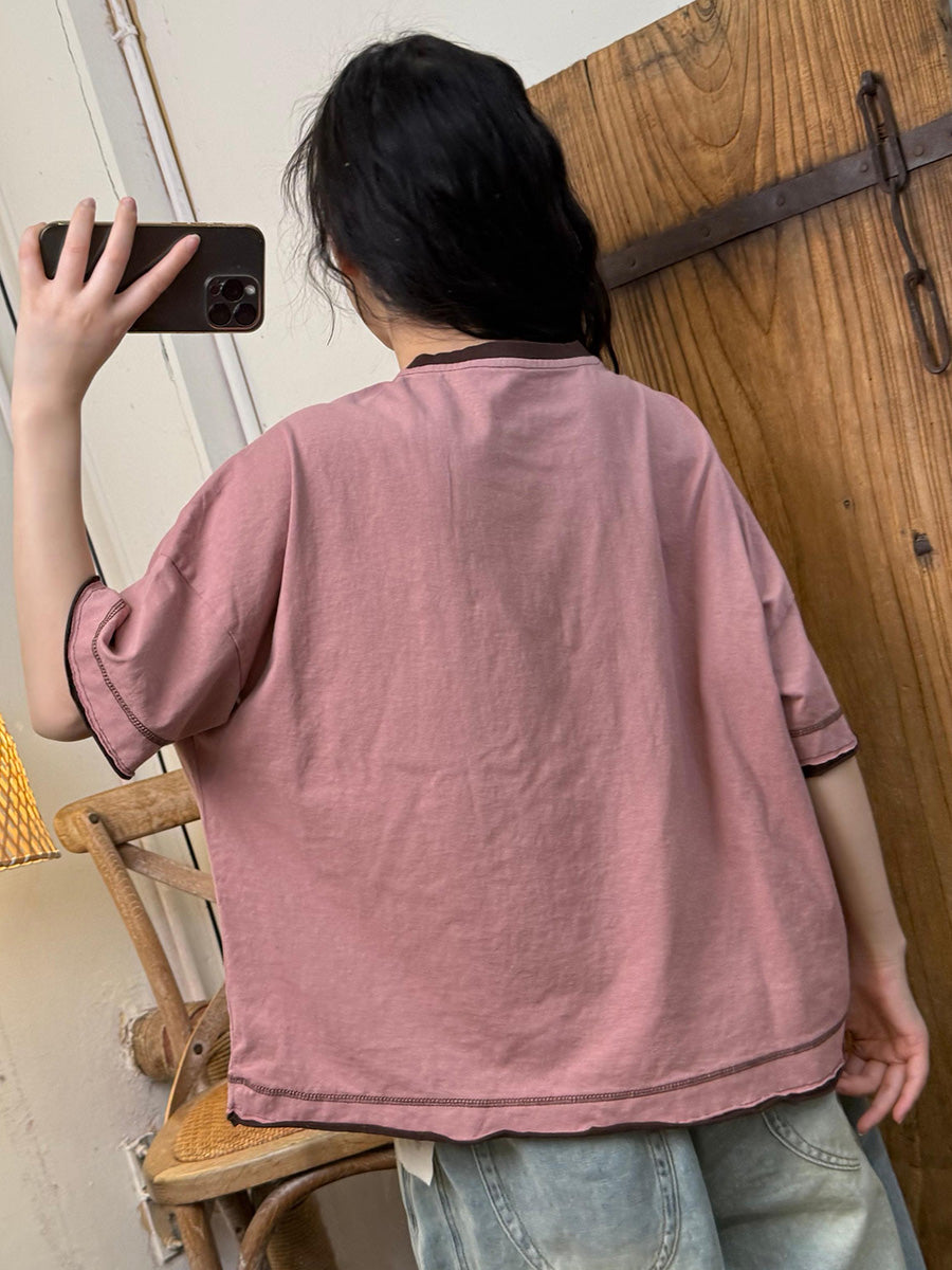 Women Summer Casual Colorblock O-Neck Cotton Shirt