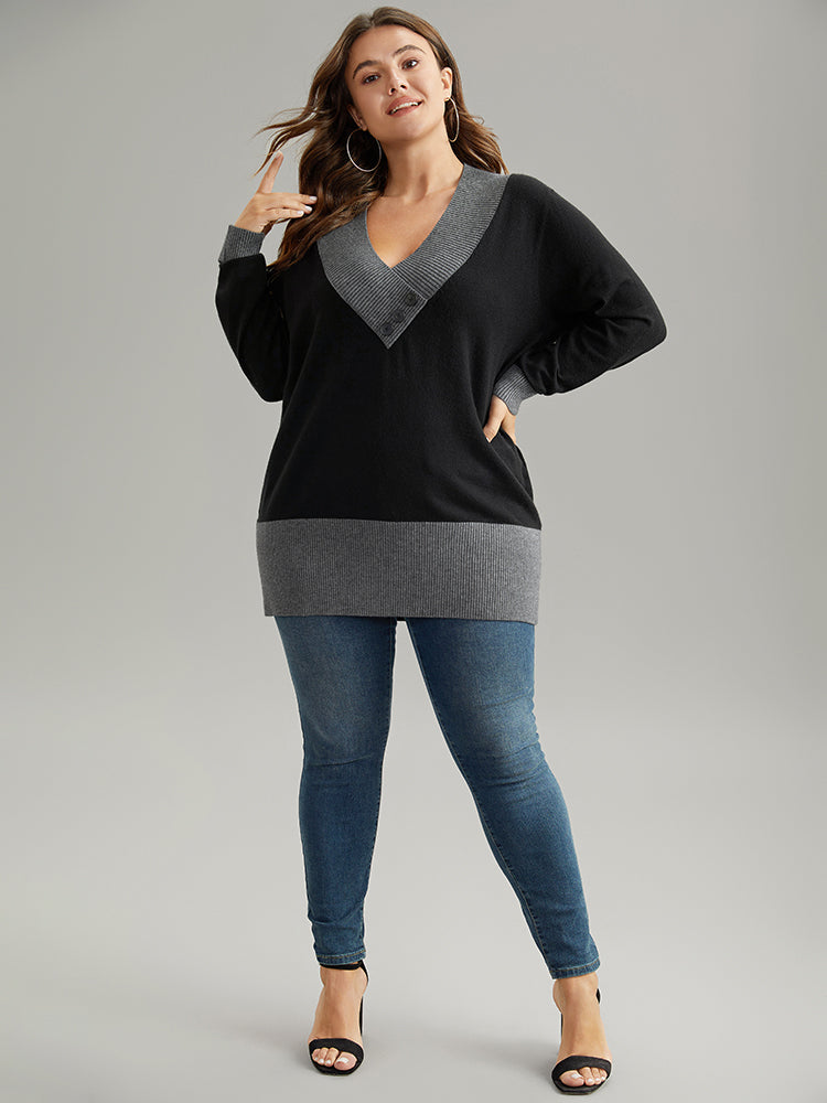 Supersoft Essentials Contrast Deep V Neck Button Detail Pullover