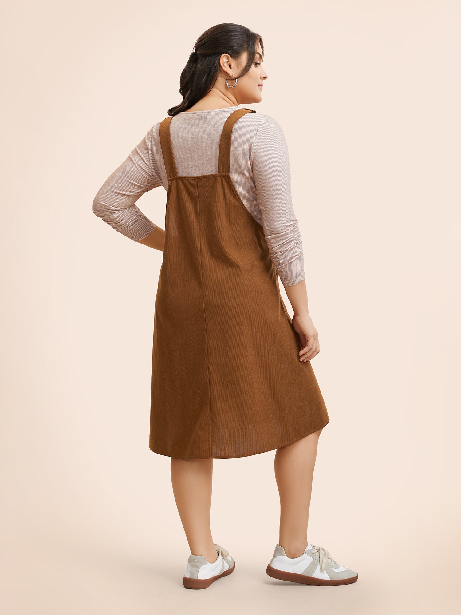 Solid Corduroy Pleated Overall Dress