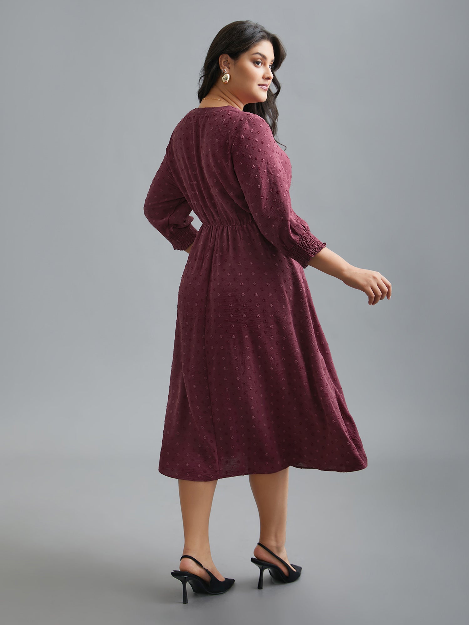 Notched Collar Textured Smocked Cuffs Dress