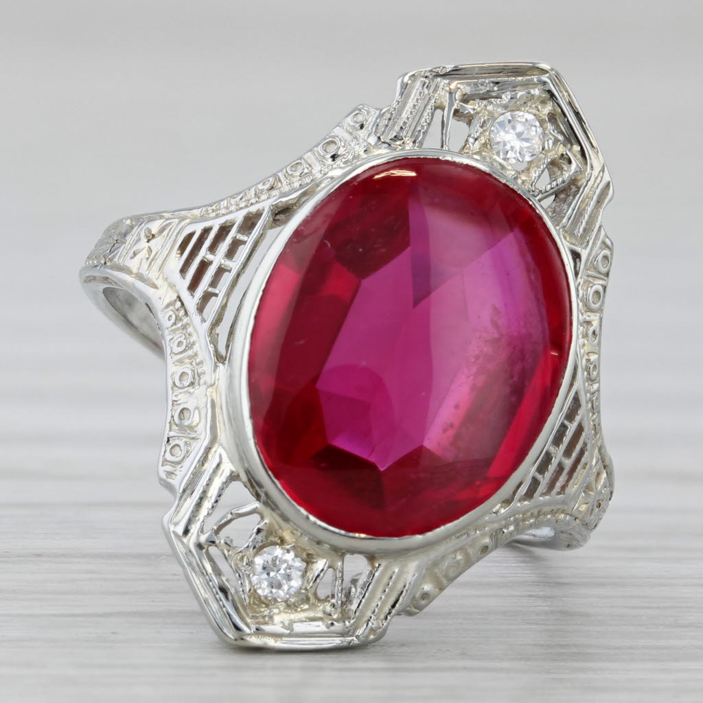 Art Deco 5.23ctw Lab Created Ruby Diamond Ring 18k White Gold Size 6