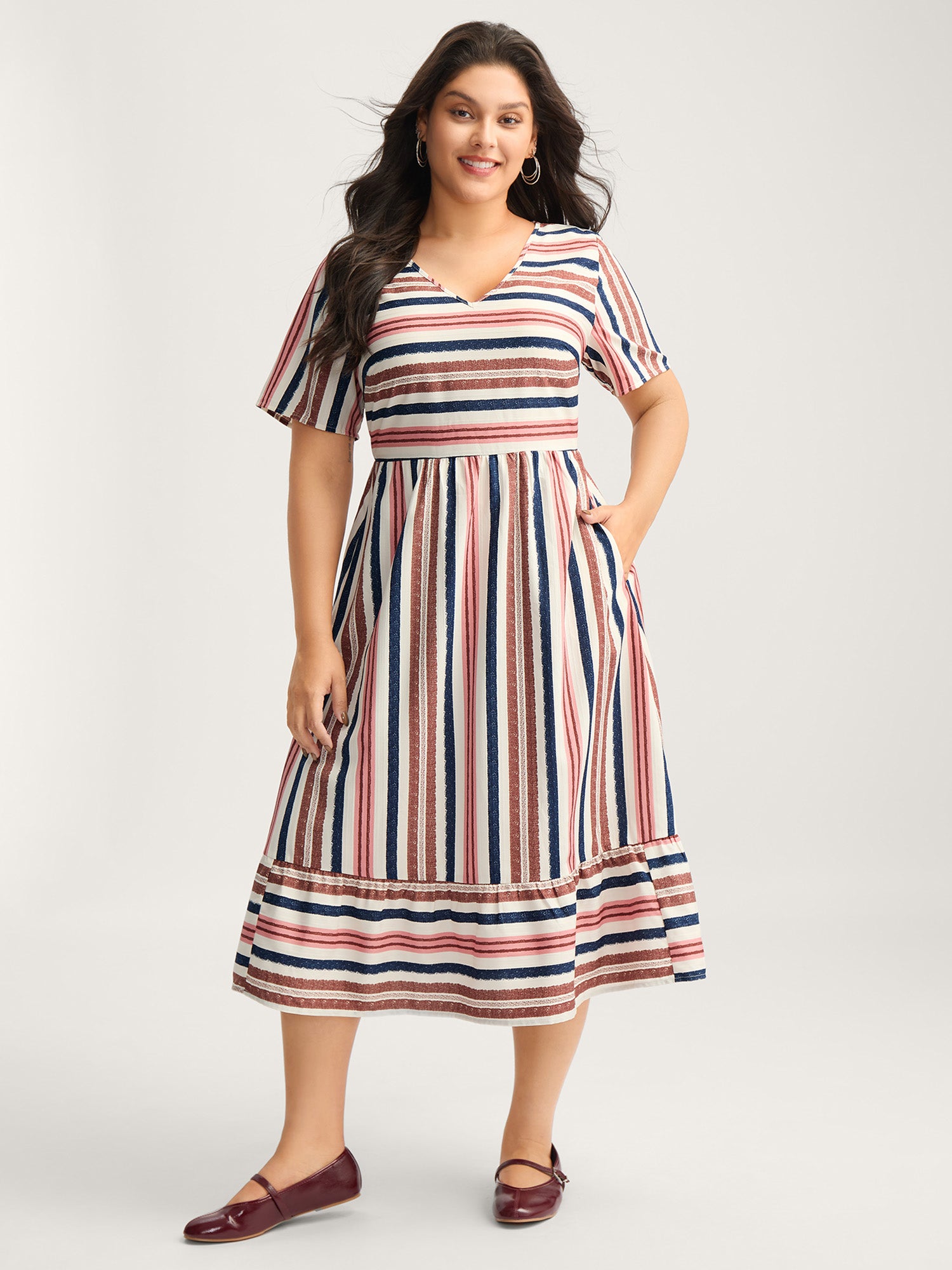 Asymmetrical Stripes V-Neck Tiered Midi Dress