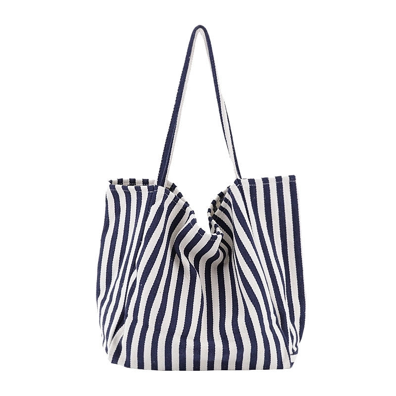 Women's Large Canvas Stripe Basic Classic Style Open Canvas Bag