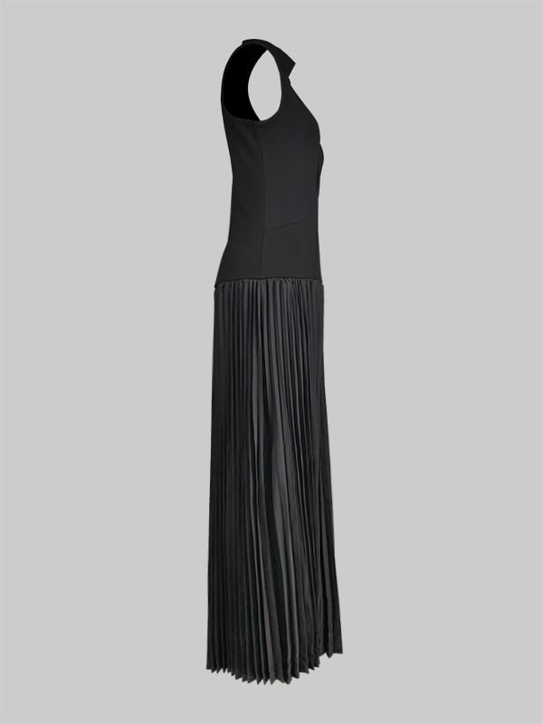Bodycon Sleeveless Hollow Pleated Solid Color Split-Joint Mock Neck Maxi Dresses