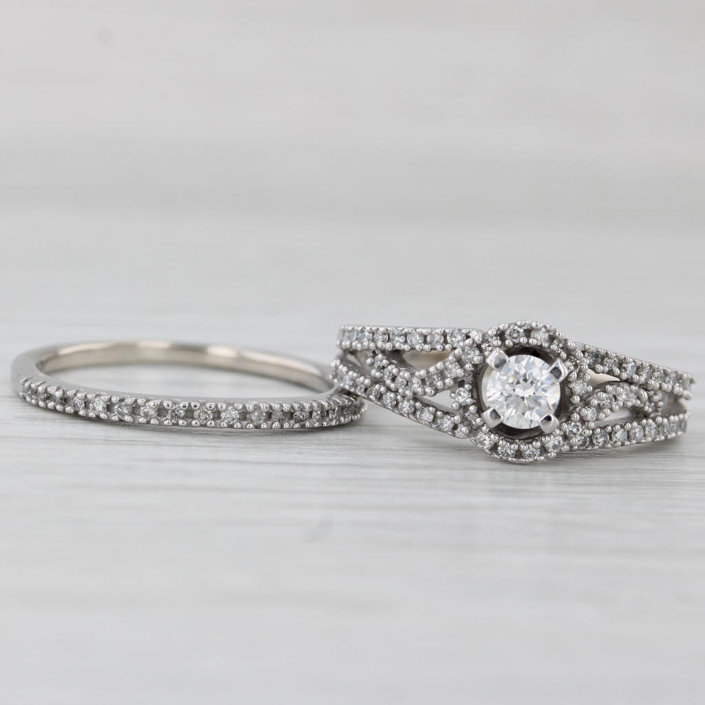 0.57ctw Diamond Halo Engagement Ring Wedding Band Bridal Set 10k White Gold