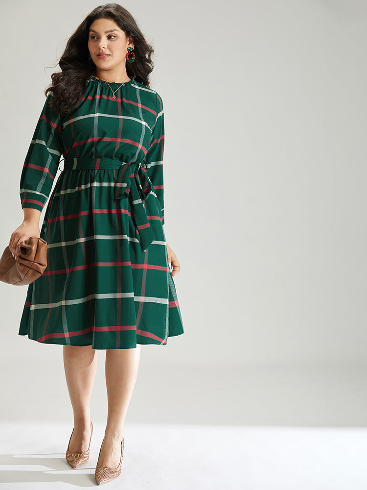 Plaid Stand Collar Gathered Belted Dress
