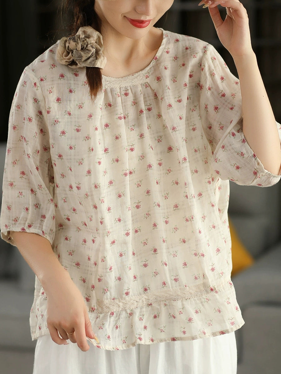 Women Summer Artsy Floral O-Nck 100%Ramie Shirt