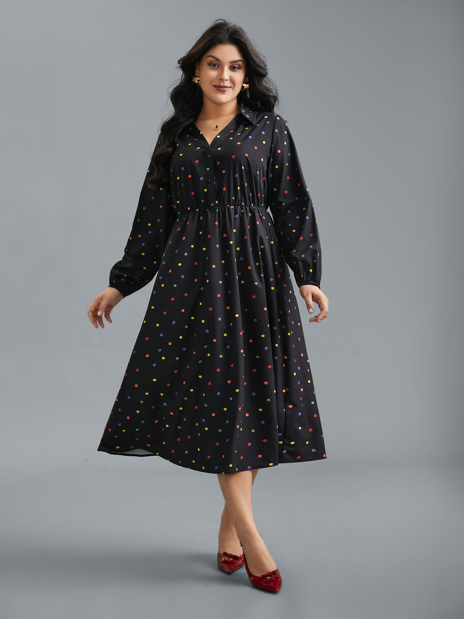 Shirt Collar Colored Polka Dot Dress
