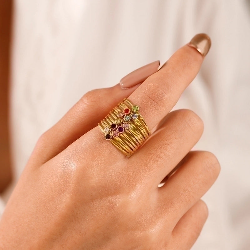 304 Stainless Steel 18K Gold Plated Minimalist Plating Inlay Round Rhinestones Birthstone Rings