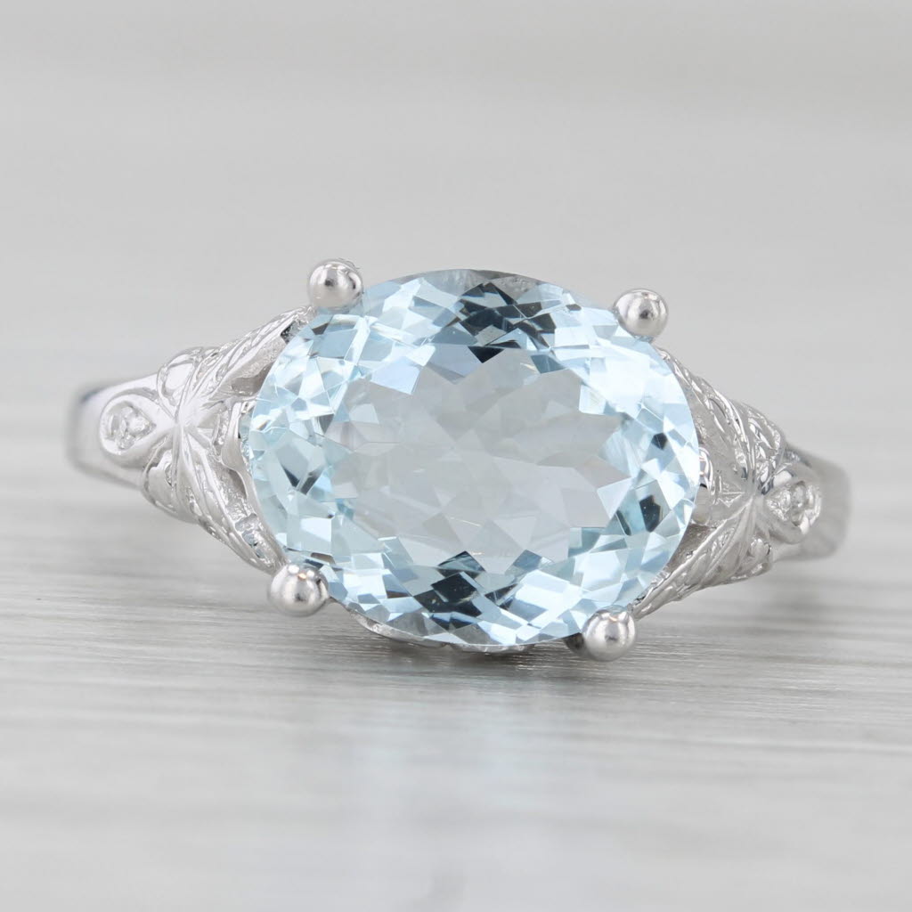 2.89ctw Oval Aquamarine Diamond Ring 14k White Gold Size 6 Floral