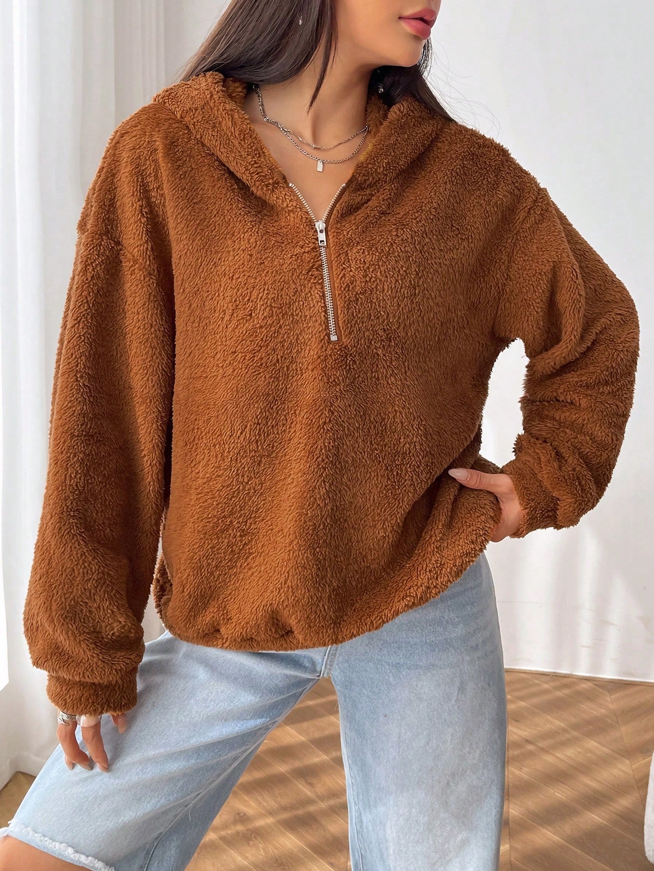 Parien Half Zip Drop Shoulder Teddy Hoodie