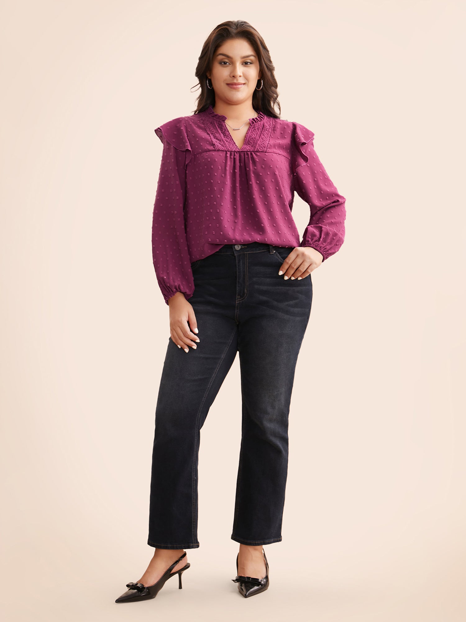 Texture Woven Ribbon Patchwork Ruffles Blouse