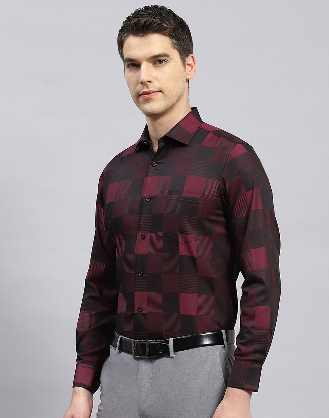 Men Maroon Check Collar Full Sleeve Shirt