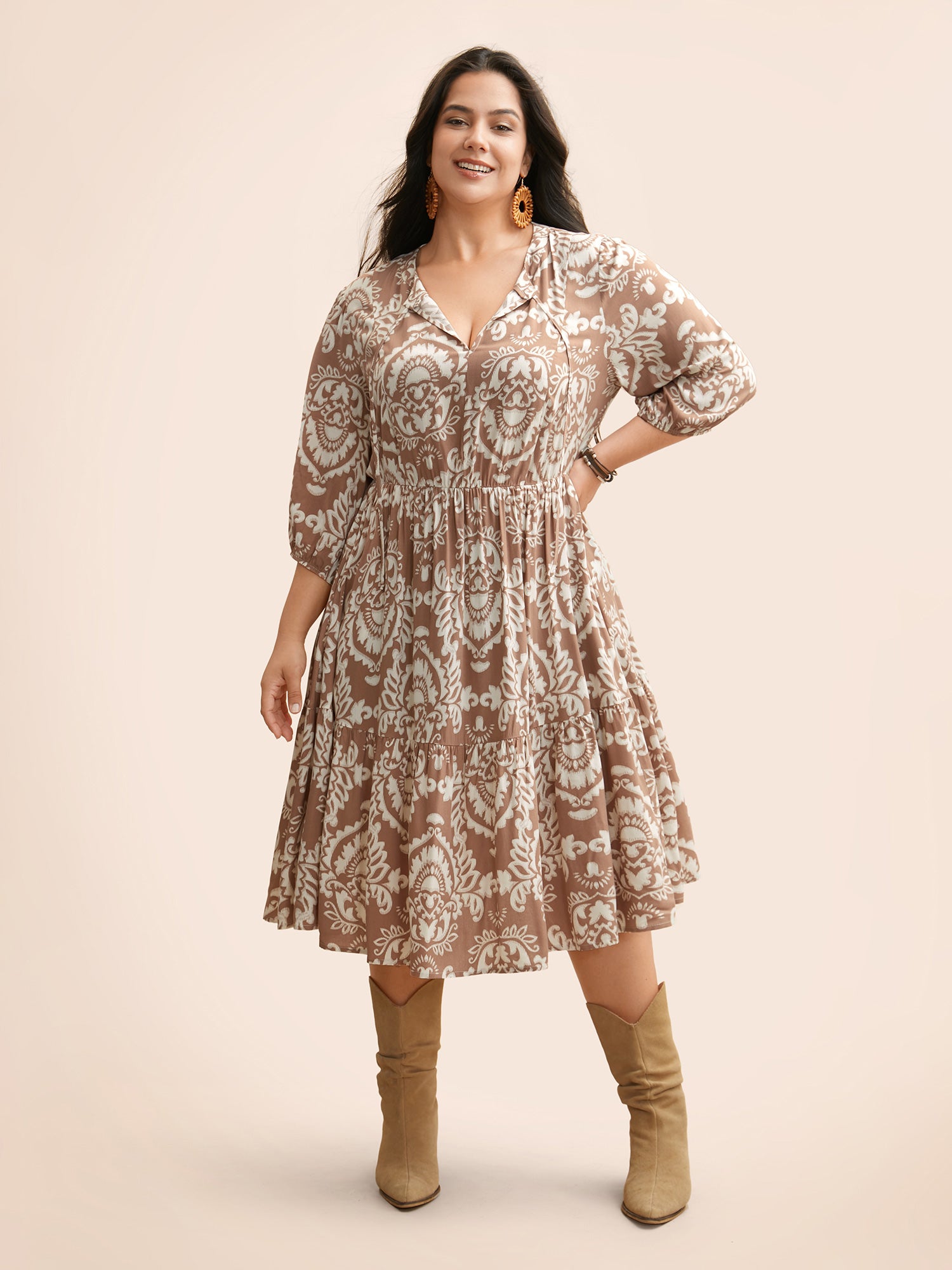 Boho Print Tie Knot Puff Sleeve Dress