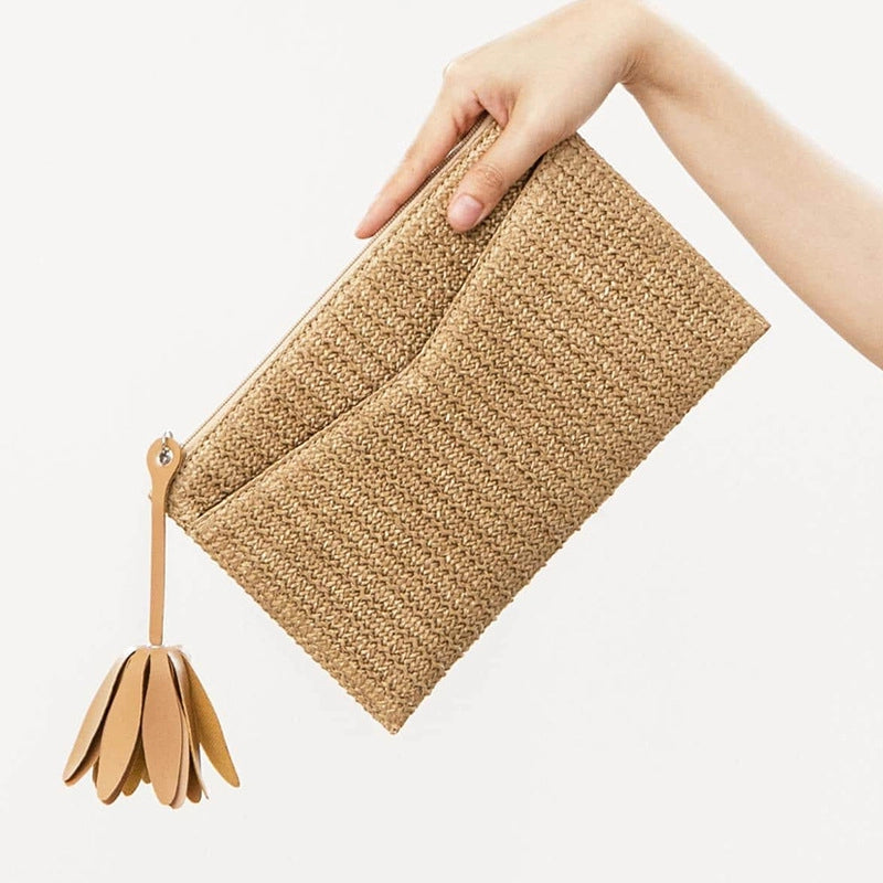 Women's Small Straw Solid Color Vacation Classic Style Weave Square Zipper Clutch Bag