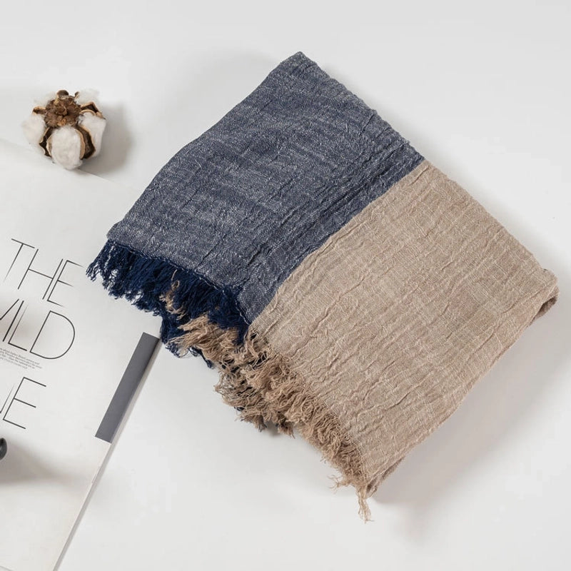 Spring And Autumn Thin Cotton And Linen Scarf Natural Wrinkle Left And Right Color-matching Cotton Scarf