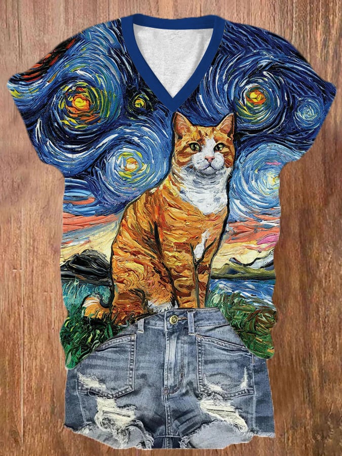 Women's Starry Sky Cat Print Casual V-Neck T-Shirt
